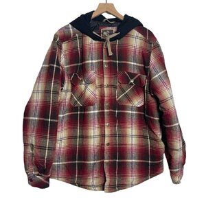 Legendary Outfitters Plaid Shacket Large Red/Brown Hooded Snap Front Drawstring